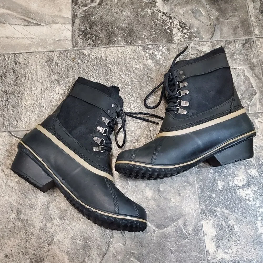 Sorel Fancy Lace II Black Oiled Suede Leather Winter Snow Duck Boots Woman's 9‎